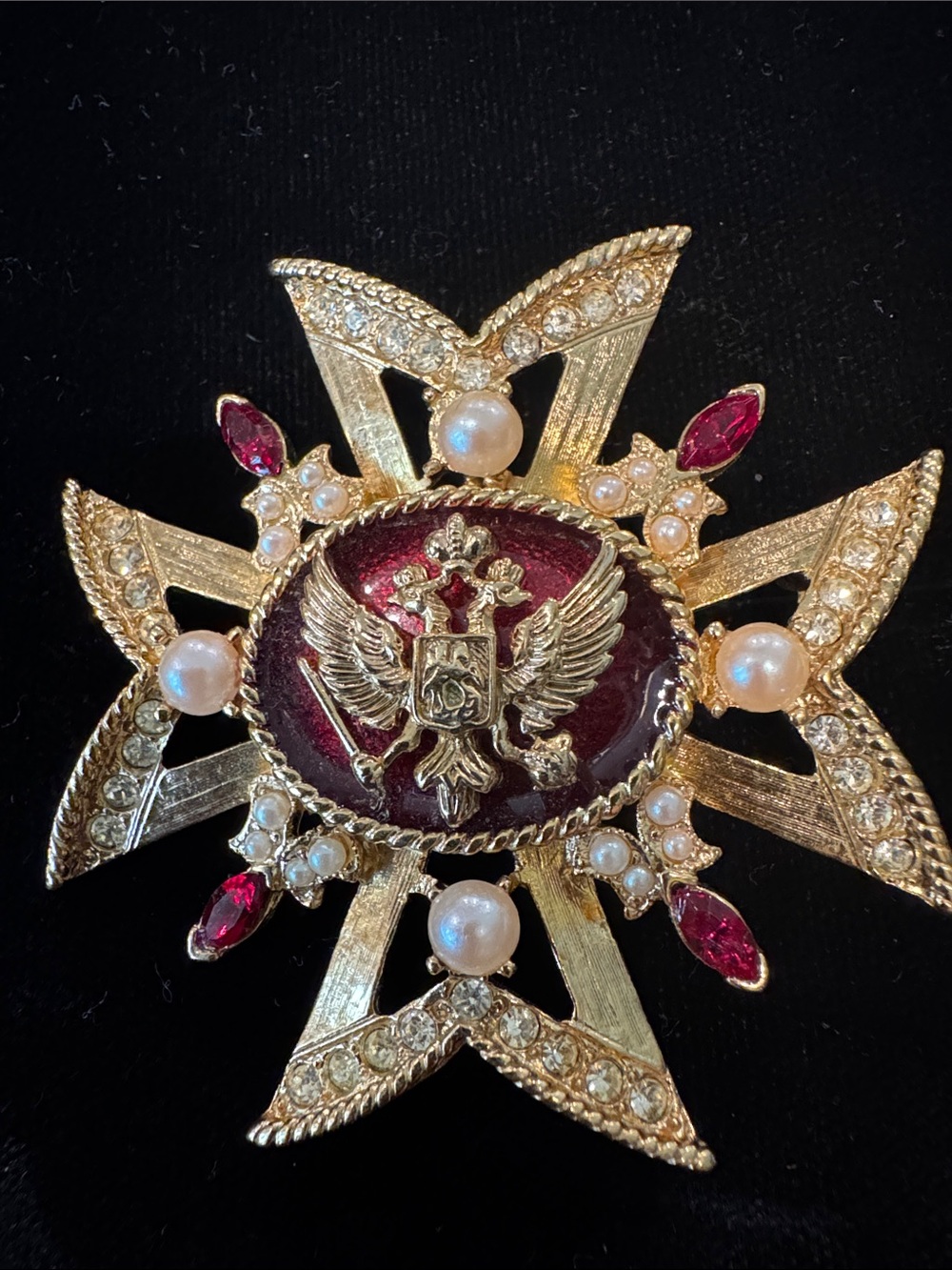 Gold-Tone Red Enamel & Pearl Russian Heraldic Maltese Pendant